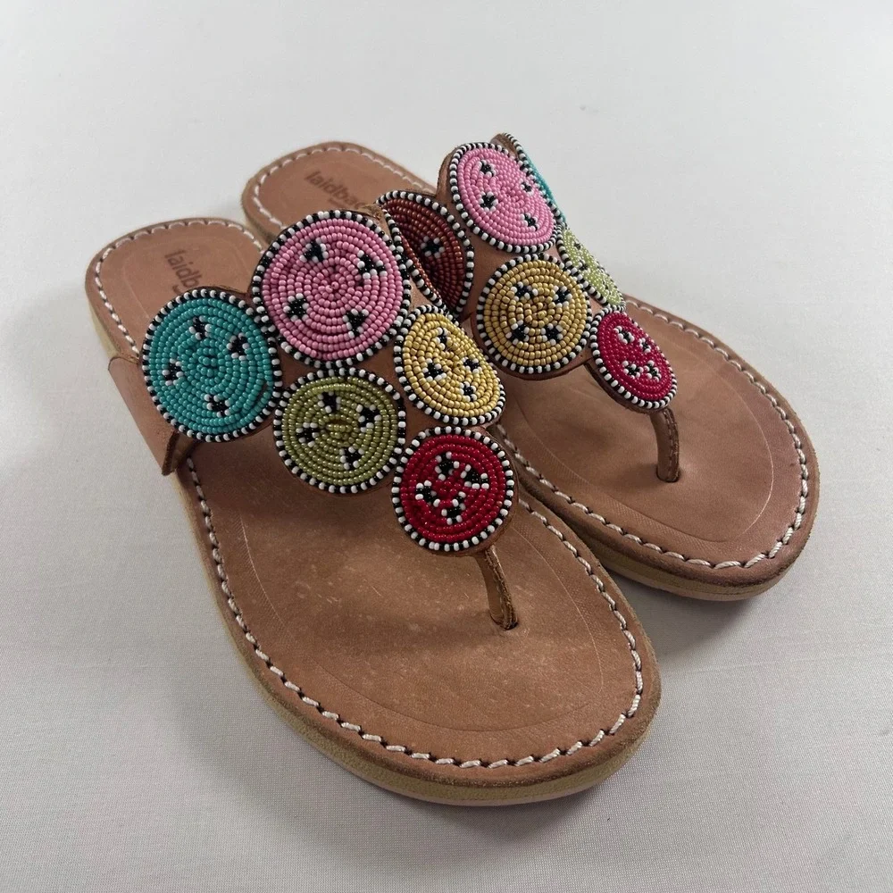 Laidback London Beaded Sandals Womens 38 Multi Colored Tan Leather Thong Slides
